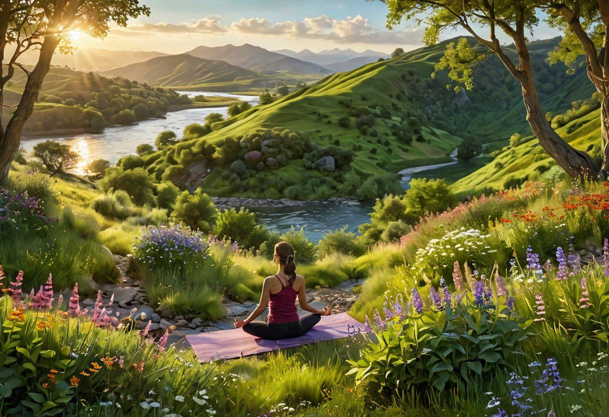 A serene landscape depicting a meandering river flowing through lush green hills, with vibrant wildflowers dotting the banks, symbolizing natural flow. In the foreground, a person practicing yoga among the flowers, embodying tranquility and joy. Soft sunlight filtering through the trees, creating a warm, inviting atmosphere. ultra-realistic. vibrant colors. 3D.