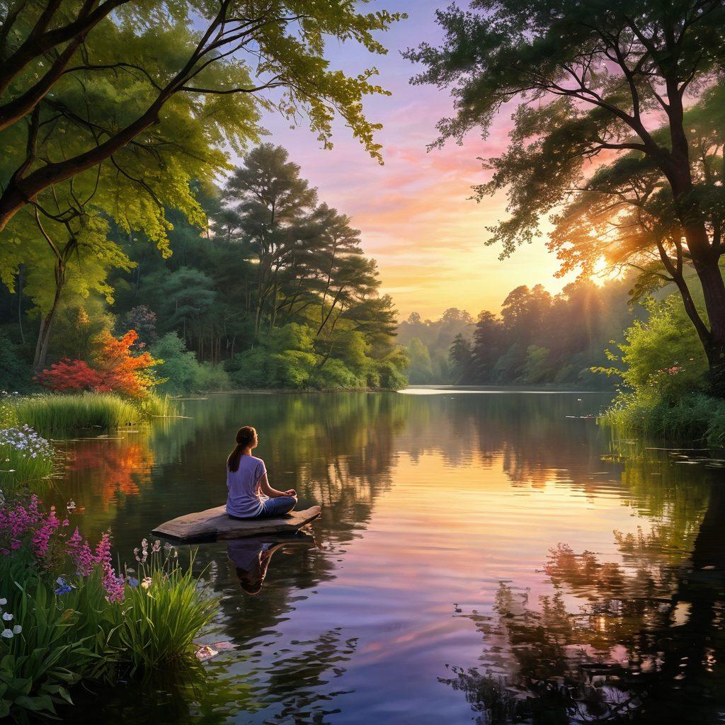 A tranquil scene depicting a serene person sitting by a calm lake, surrounded by lush greenery and gentle sunlight filtering through the trees. The individual is meditating peacefully, with soft ripples on the water reflecting a colorful sunset. Delicate flowers bloom nearby, adding a touch of warmth and joy to the atmosphere. This image evokes a sense of peace, nature's beauty, and the essence of finding joy in everyday moments. painting. vibrant colors. calming ambiance.