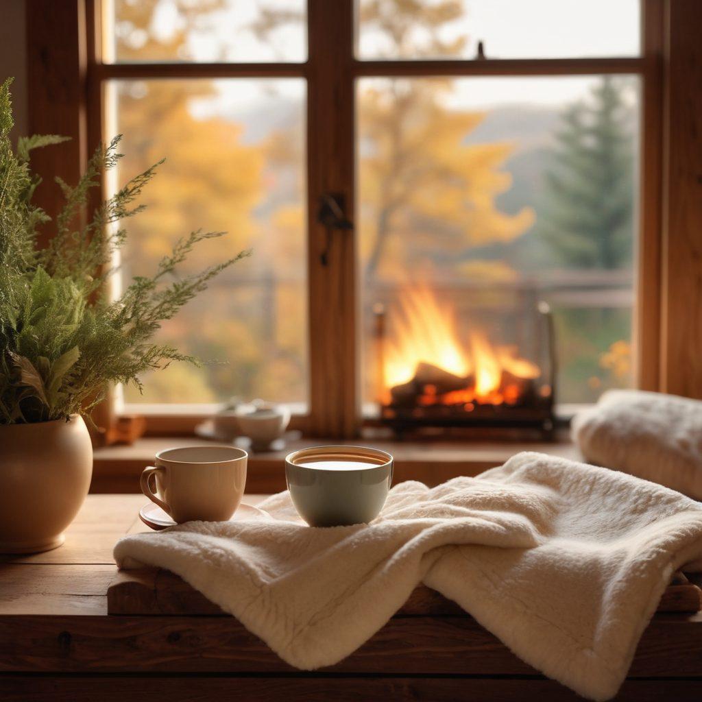A cozy scene depicting a warm, inviting living space filled with soft textures like plush blankets and pillows. A glowing fireplace casts a gentle light, and a steaming cup of tea rests on a wooden table, symbolizing comfort. Soft, warm colors dominate the palette, creating a sense of relaxation and peace. Elements of nature, like plants or a window view of a serene landscape, can be included to enhance the feeling of tranquility. super-realistic. warm colors. soft focus.